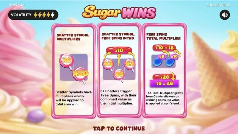 Sugar Wins - menu principal de la machine à sous